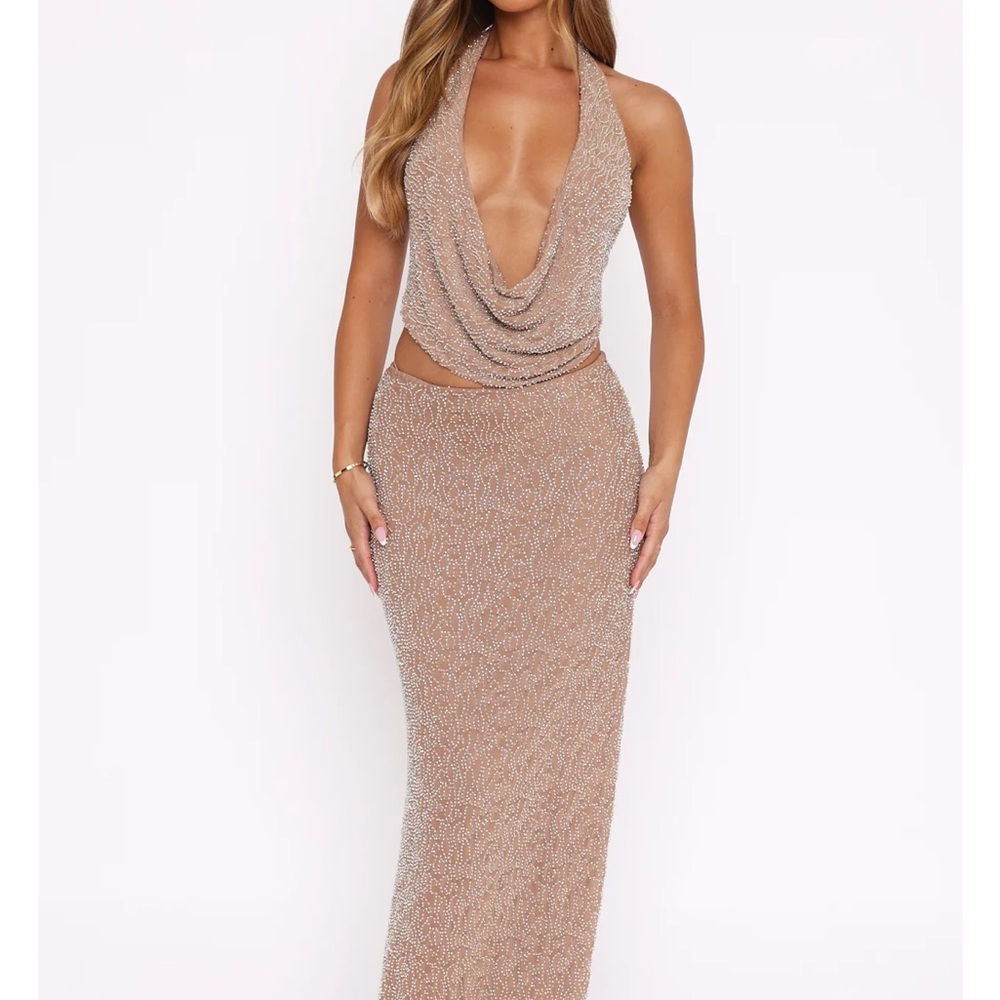 White Fox Boutique Beautiful Life Beaded Maxi Skirt in Nude